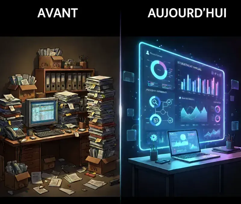 L'IA et la data science révolutionnent le recrutement : une image juxtaposant un bureau désorganisé plein de CV papier et une interface numérique épurée et optimisée.